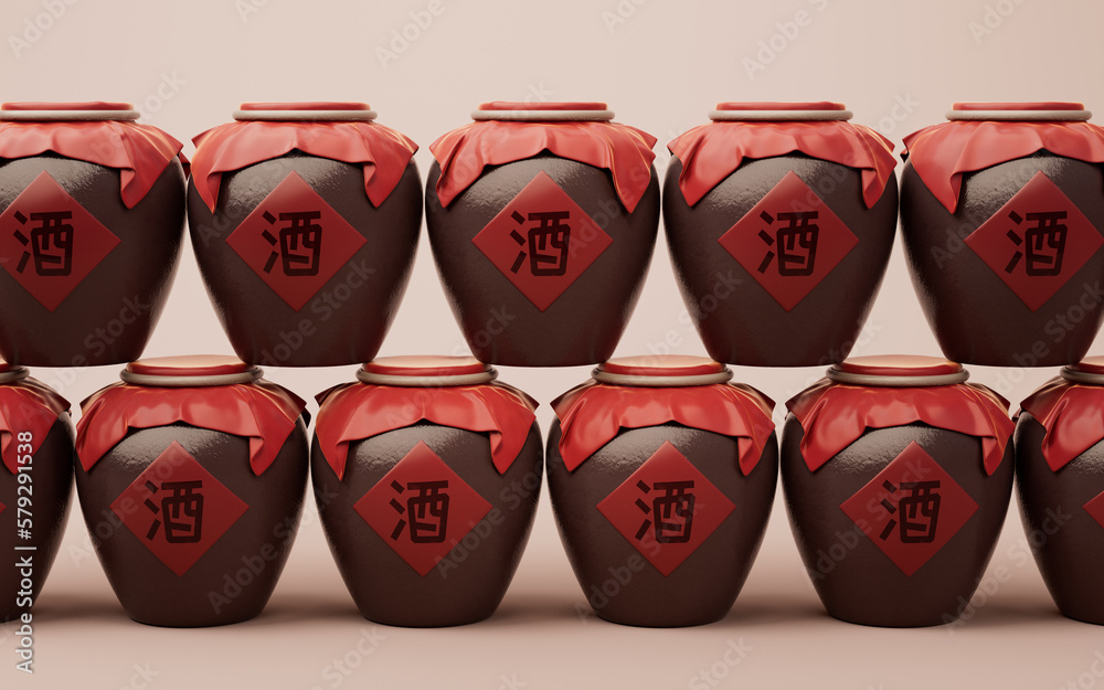 Chinese ancient wine with retro style, 3d rendering. Translation on the jar: wine.