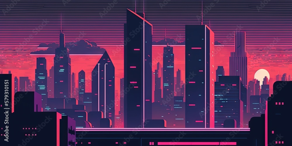 Panoramic cityscape in cyberpunk futuristic style. Towering skyscrapers in neon retrowave colors. Ge