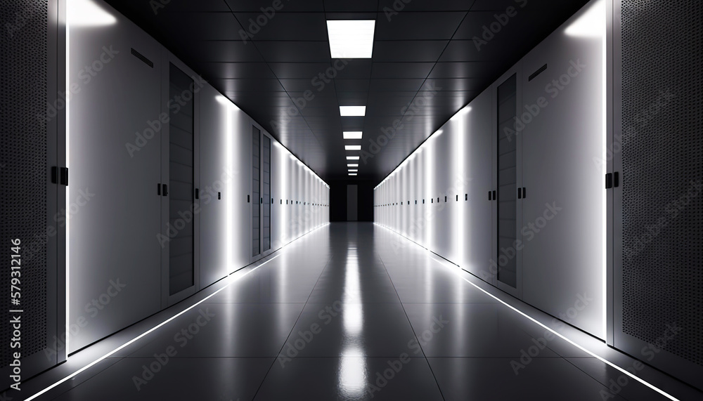 Data center with rows of servers. Big data storage room with many blinking lights. Generative AI