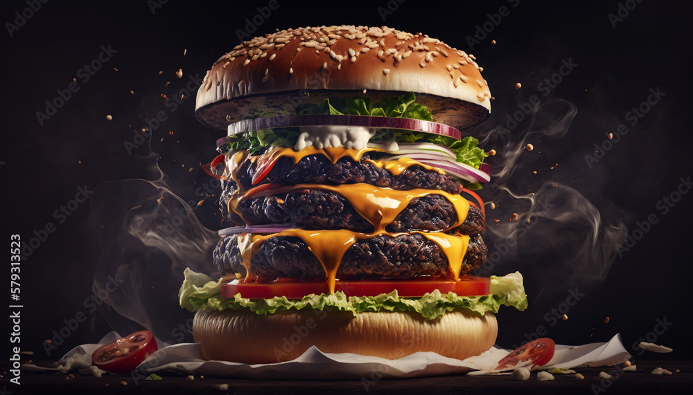 Super delicious hamburger with fresh vegetables on dark background. Generative AI