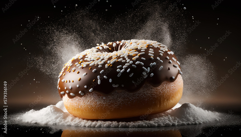 Super delicious donut powdered with sugar on dark background. Generative AI