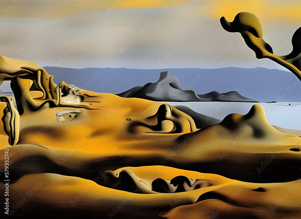 Surreal desert evening landscape with soft dune formations, surrealistic style, AI generated image