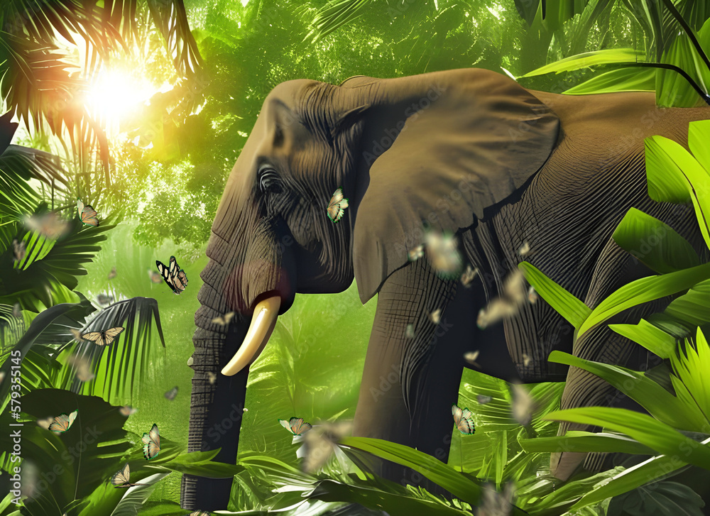 Elephant walking in tropical jungle forest vegetation, sun shining through leaves. Nature and animal