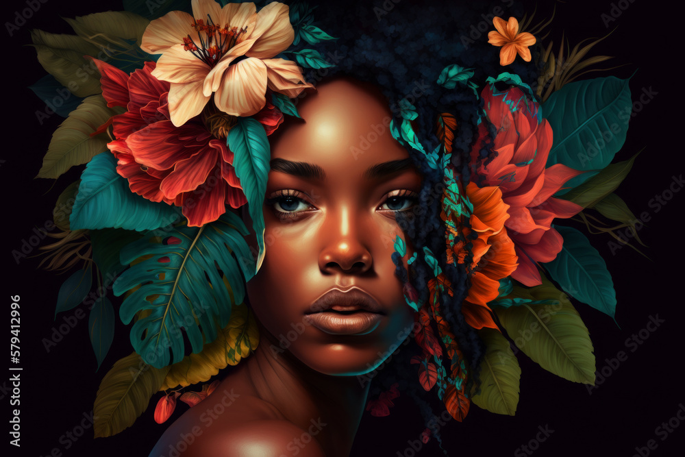 Portrait of African woman with tropical flowers. Ai generated.