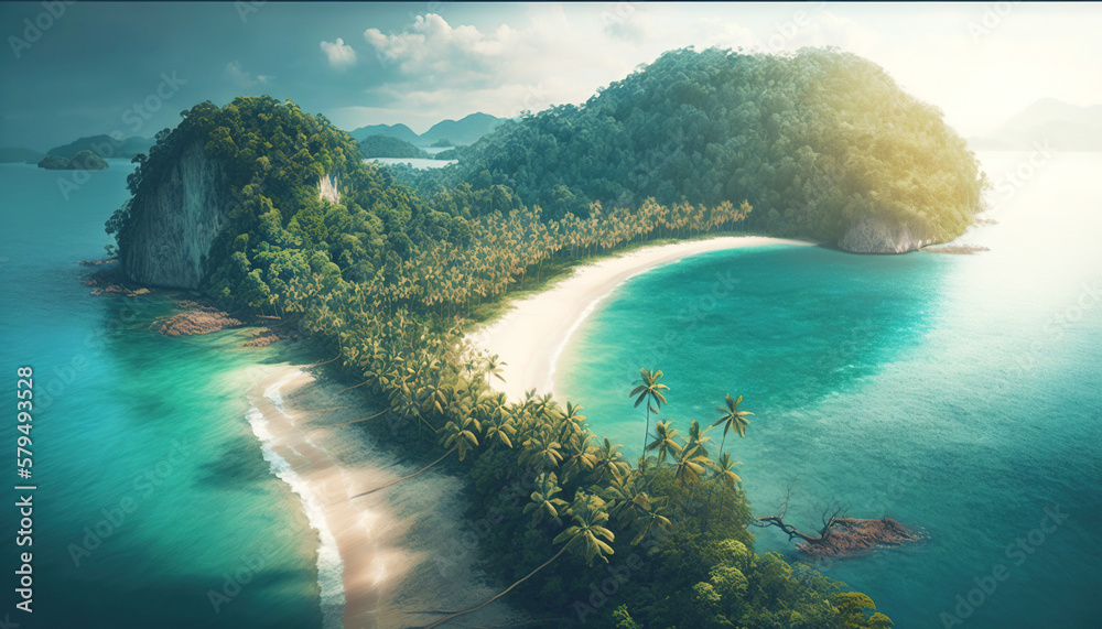 Tropical jungle on the ocean shore. Paradise landscape. Generative AI