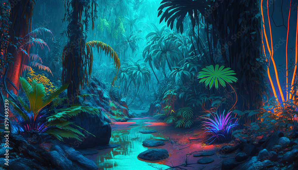 Tropical jungle in vibrant gradient neon colors. Synthwave rain forest. Generative AI