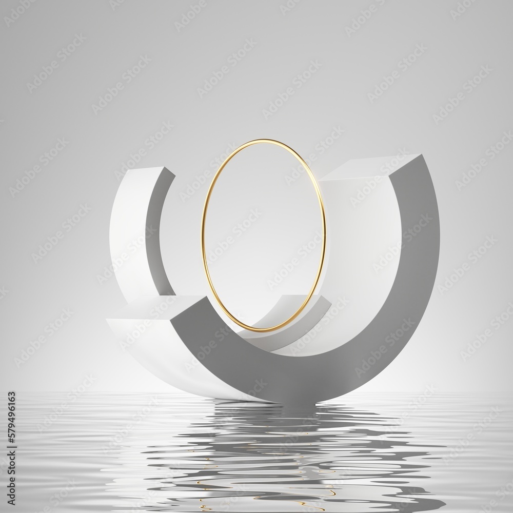 3d render, abstract minimalist geometric background, simple futuristic scene with white shapes, gold