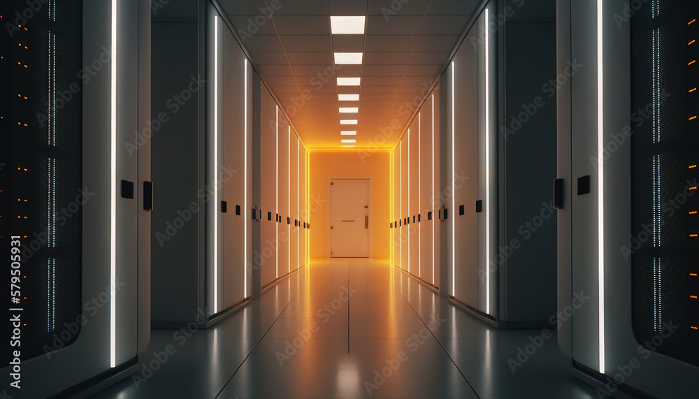 Data center with rows of servers. Big data storage room with many blinking lights. Generative AI