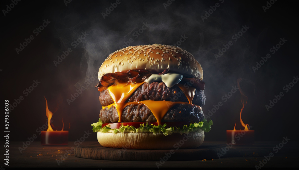 Super delicious hamburger with fresh vegetables on dark background. Generative AI