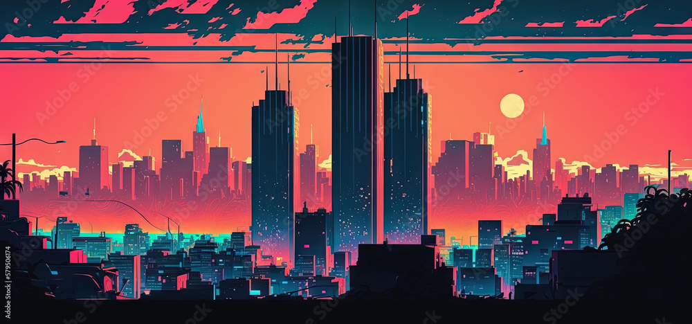 Panoramic cityscape in cyberpunk futuristic style. Towering skyscrapers in neon retrowave colors. Ge