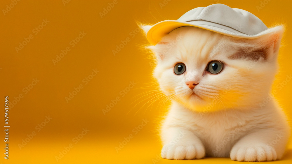 A cute white kitten wearing a hat, yellow background, generative ai