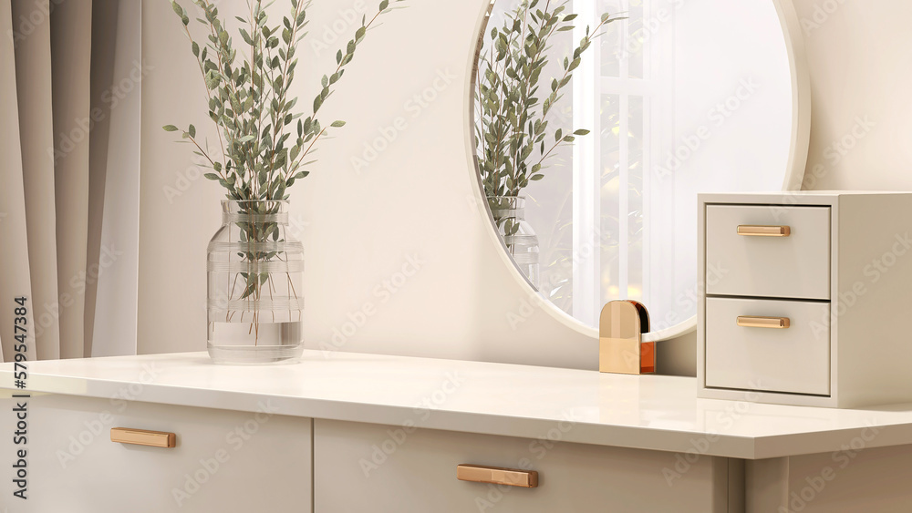 Empty modern, minimal beige dressing table, gold handle drawer storage, twig glass vase, round vanit