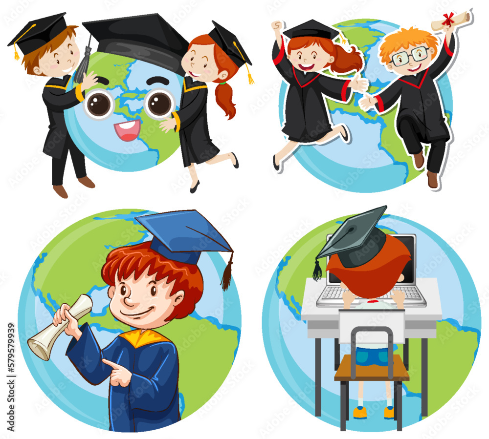 Earth Graduation Cartoon Icons Set