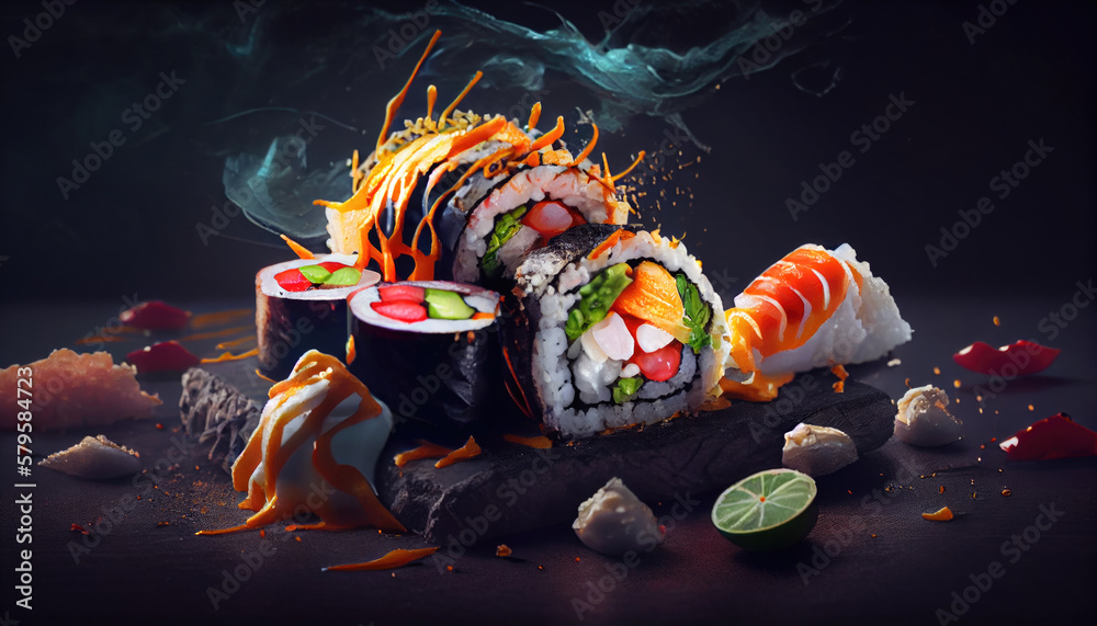 Fresh sushi roll close-up on dark background. Generative AI