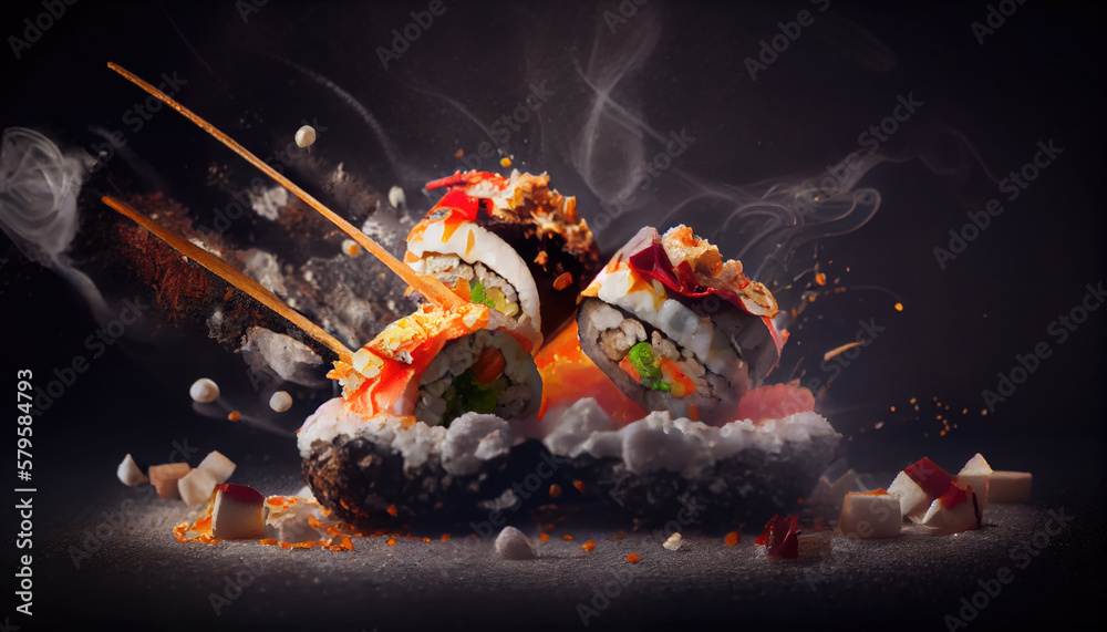 Fresh sushi roll close-up on dark background. Generative AI