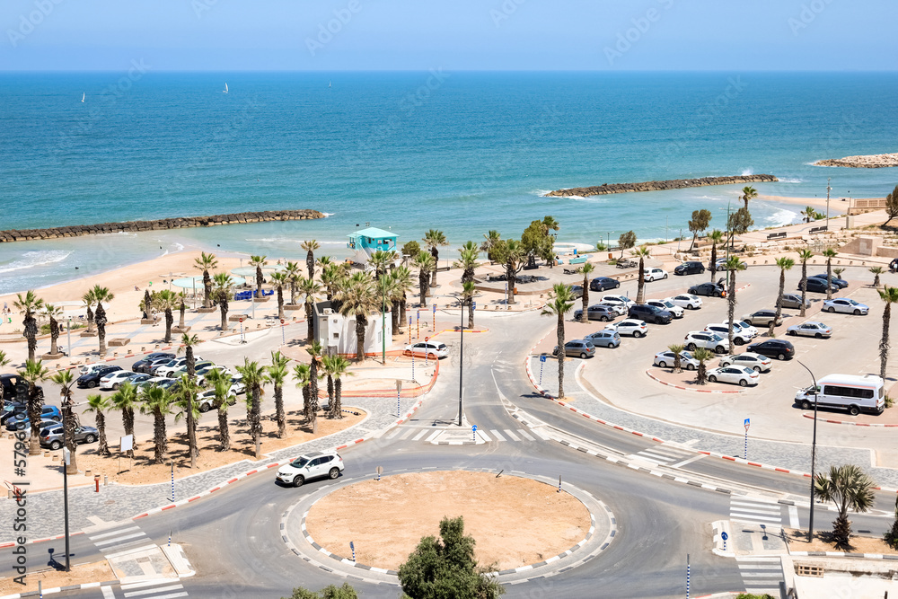 View of beautiful sea coast with palm trees and cars