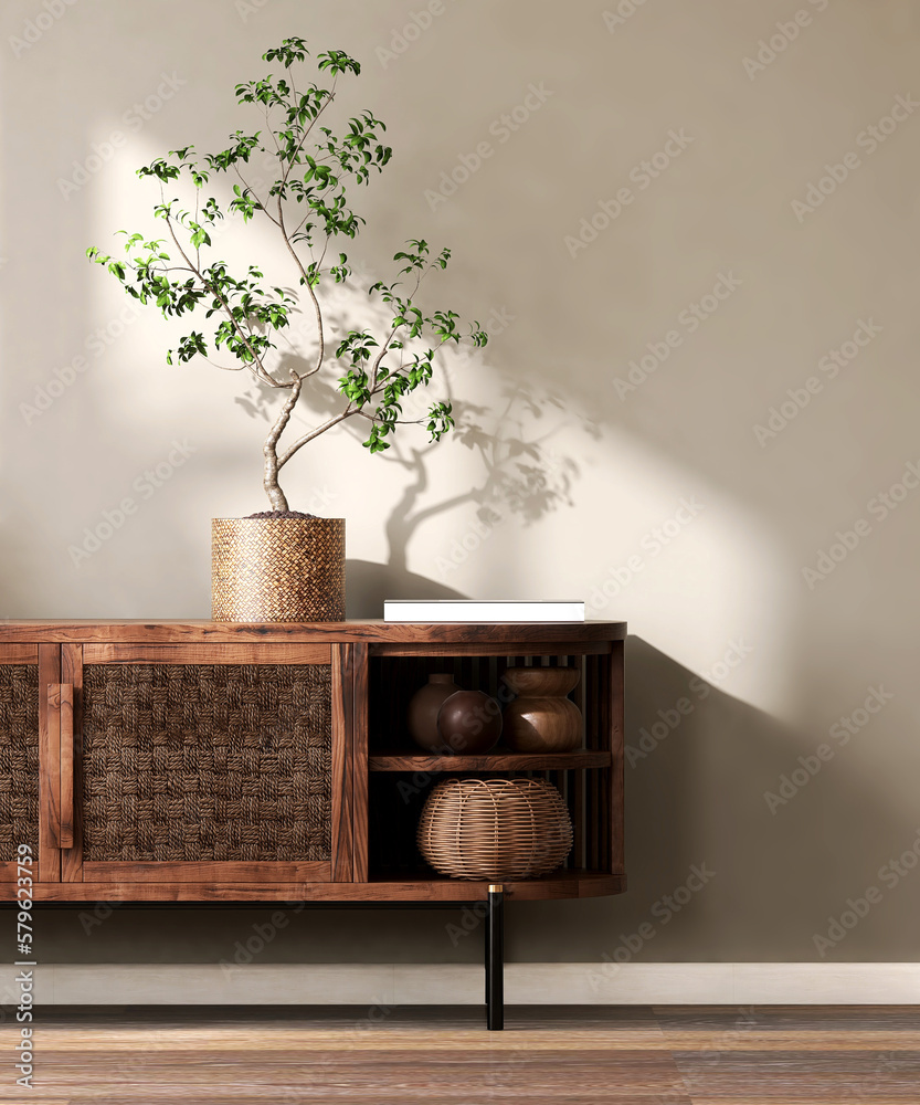 Antique vintage wooden cabinet with rattan door, black steel leg, vase in sunlight, shadow on clean,