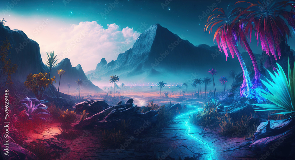 Palm trees in the desert with mountains on background. Neon colored synthwave landscape. Generative 