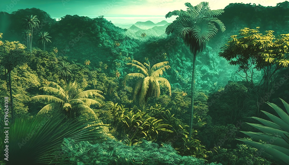 Tropical jungle with river. Green scenery of paradise forest. Generative AI