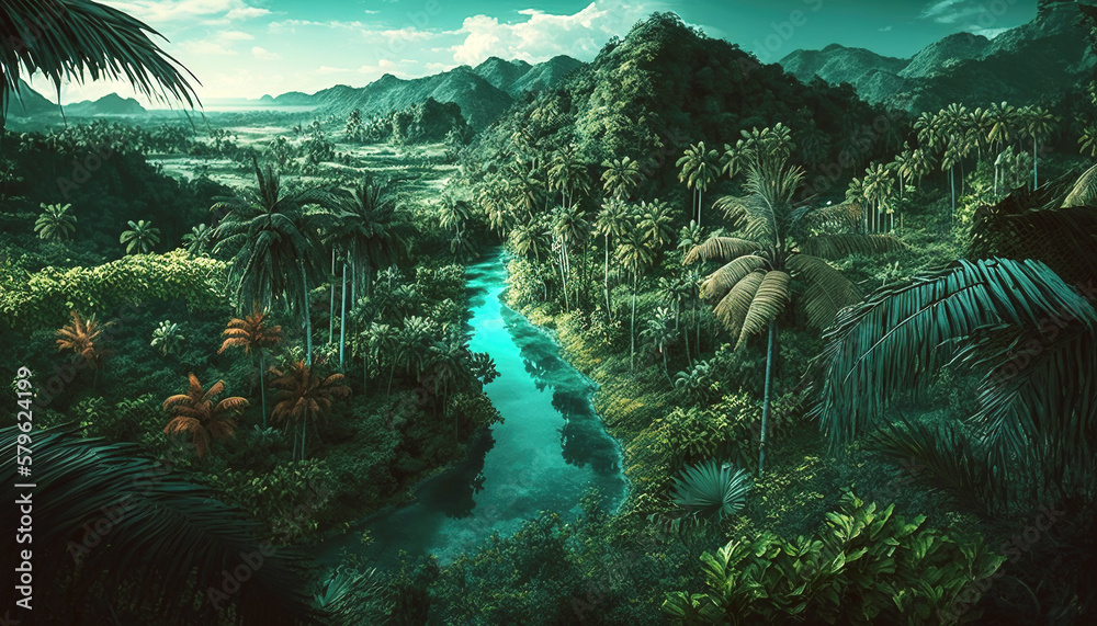 Tropical jungle with river. Green scenery of paradise forest. Generative AI