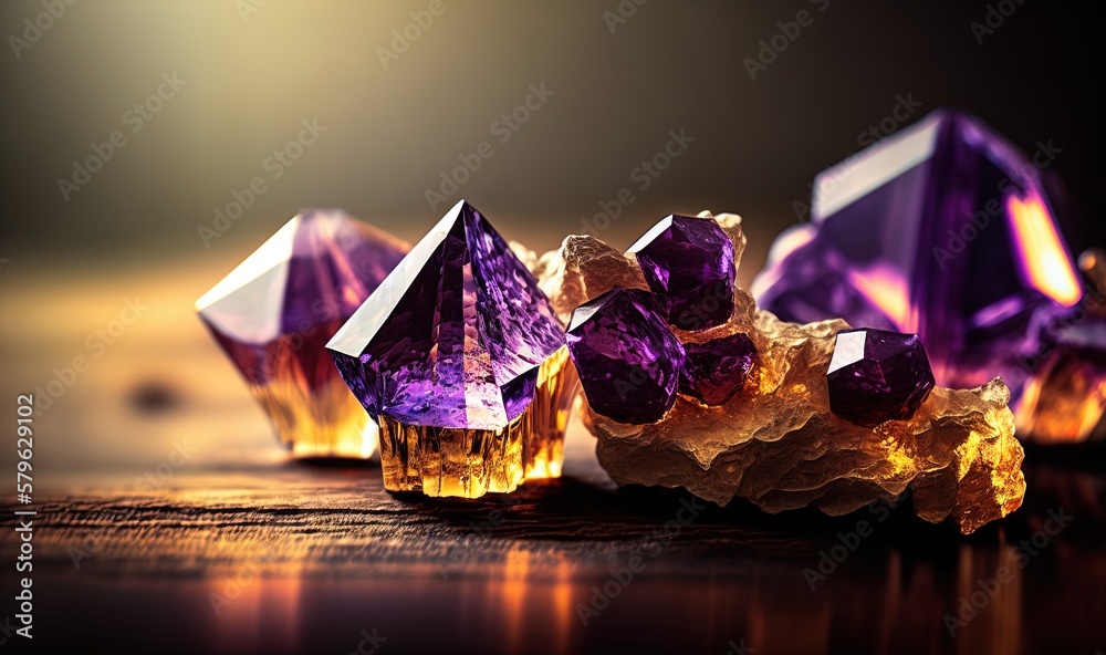  a group of crystals sitting on top of a wooden table next to each other on top of a wooden table wi