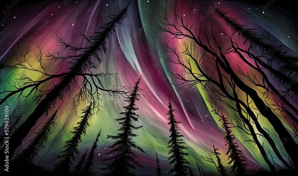  a painting of the aurora bore in the night sky with trees and stars in the sky and the moon in the 