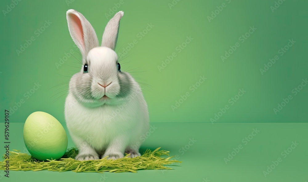  a white rabbit sitting next to an egg on a green background with a green grass border and a green b