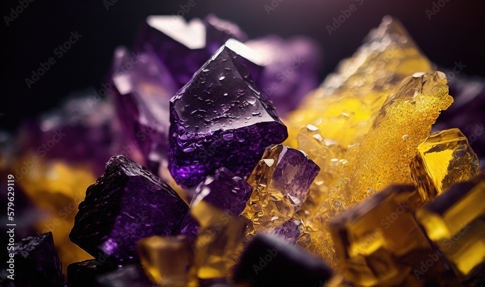  a bunch of purple and yellow crystals on a black surface with a light in the back ground and a blac