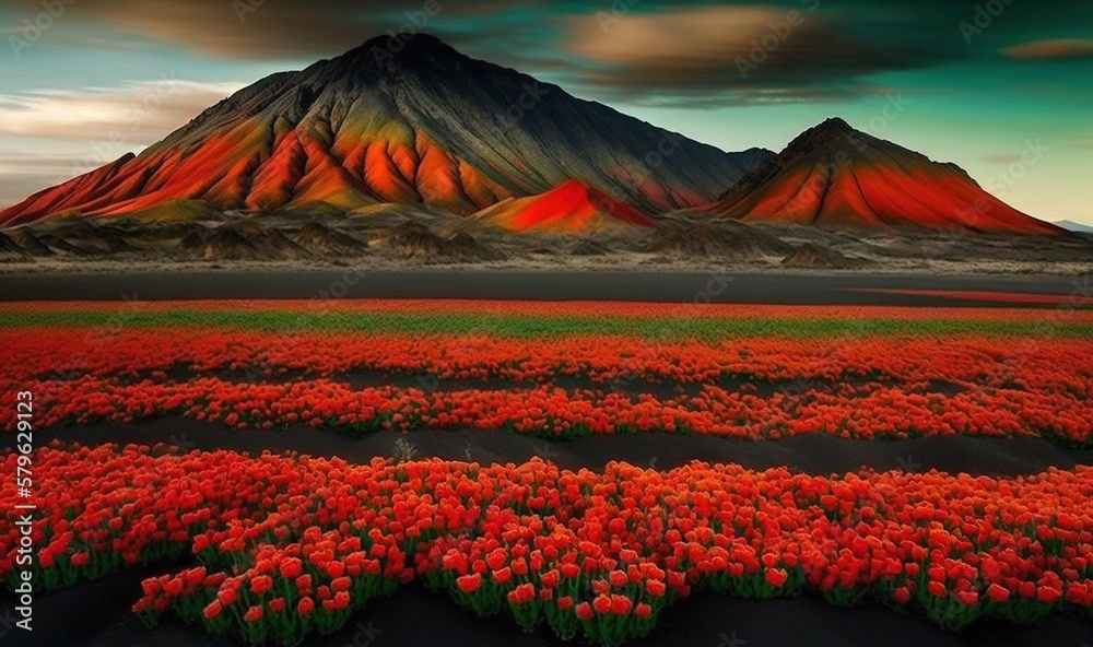  a large field of flowers with a mountain in the background and a sky filled with clouds in the dist