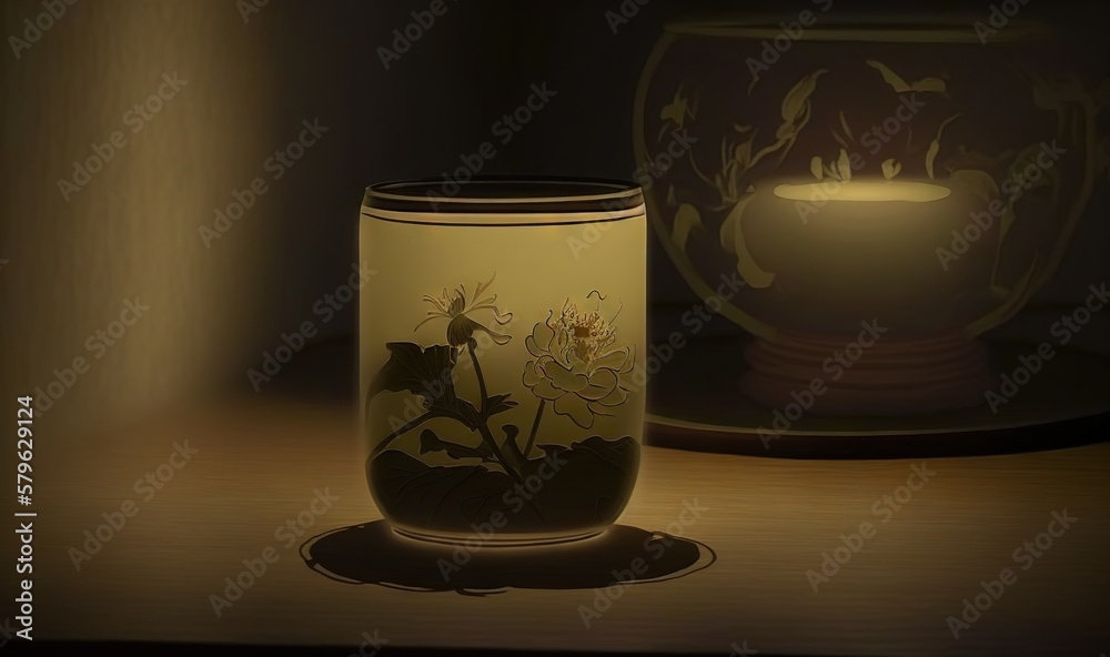  a lit up vase sitting on a table next to a lit up vase on a table with a lit candle in the middle o