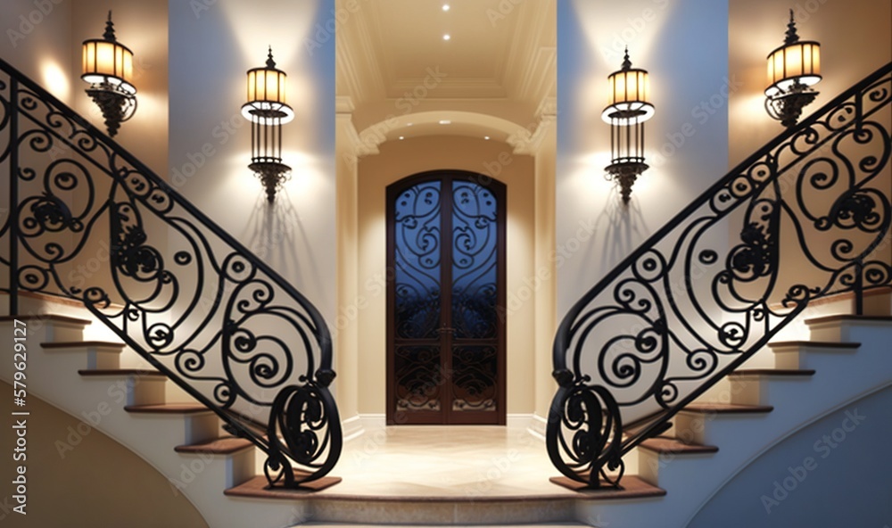  a staircase with a wrought iron railing and a glass door in the center of the staircase is lit by t