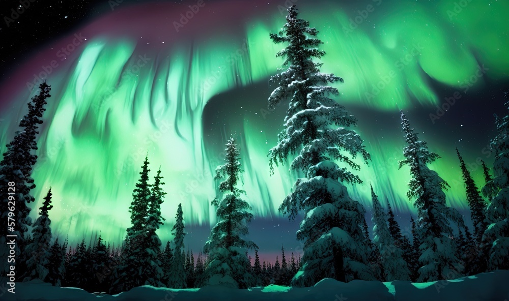  a green and purple aurora bore is in the sky above a snowy forest with trees and snow - covered gro