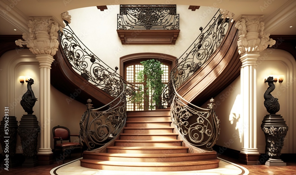  a large staircase with a wrought iron railing and a wooden handrail in a large room with a large wi