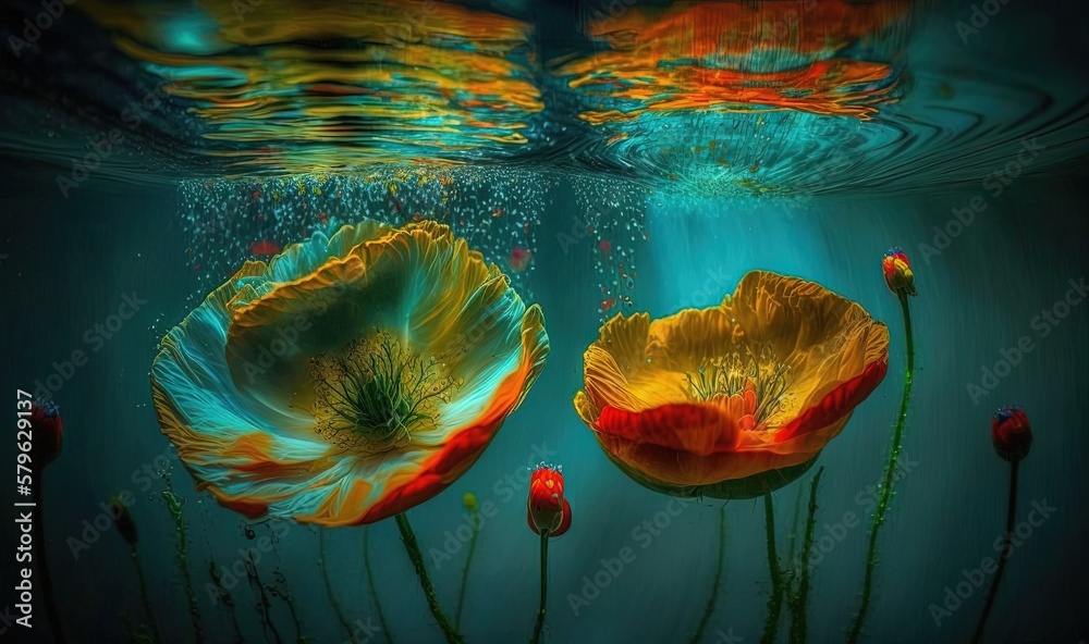  a group of flowers floating on top of a lake next to each other under water with bubbles floating o