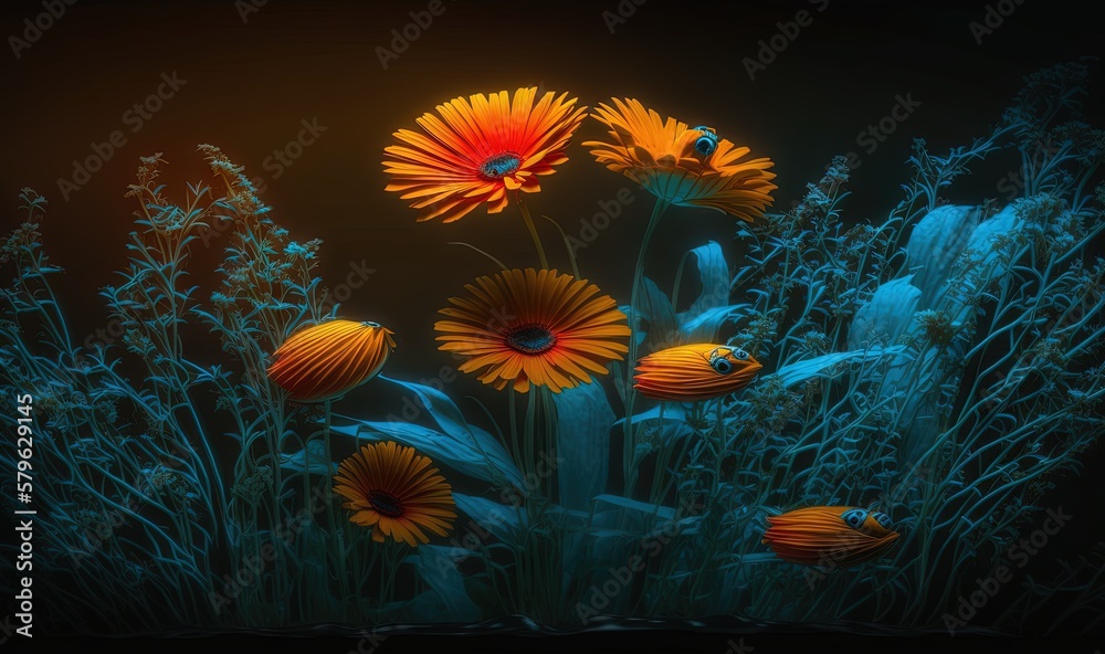  a bunch of flowers that are sitting in the grass with a dark background and a yellow flower in the 