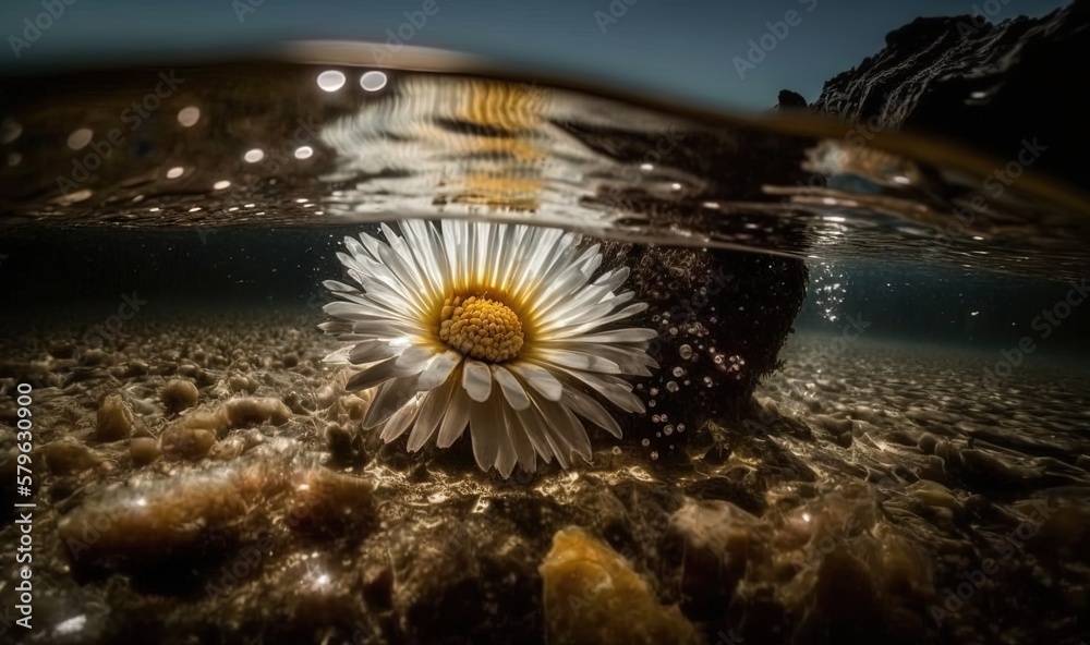  a white flower floating on top of a body of water next to a rocky cliff under a full moonlit sky wi