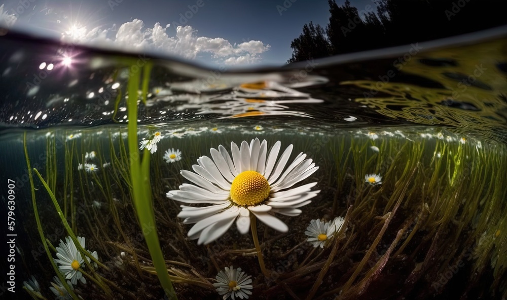  a picture of a flower underwater in the water with grass and flowers in the foreground, and a sunbu