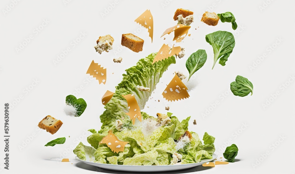  a plate of food with lettuce and cheese falling out of it to the side of the plate, on a white back