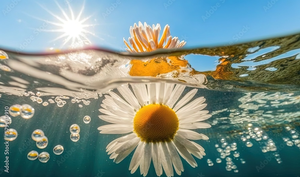  a daisy floating in the water with bubbles on the bottom of the water and a sun in the sky above th