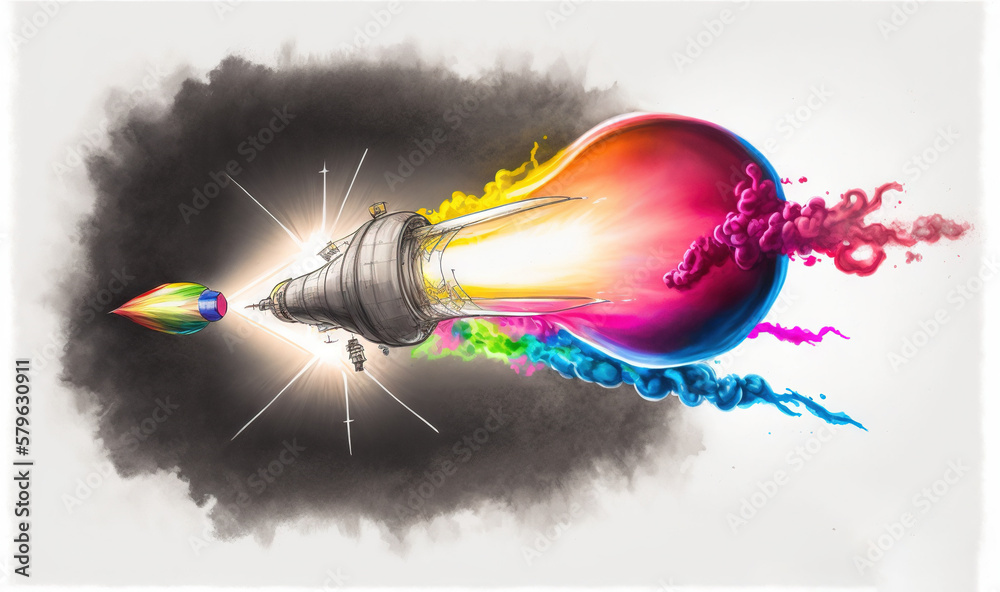  a drawing of a colorful lightbulb with smoke coming out of the top of it and a rainbow lightbulb in