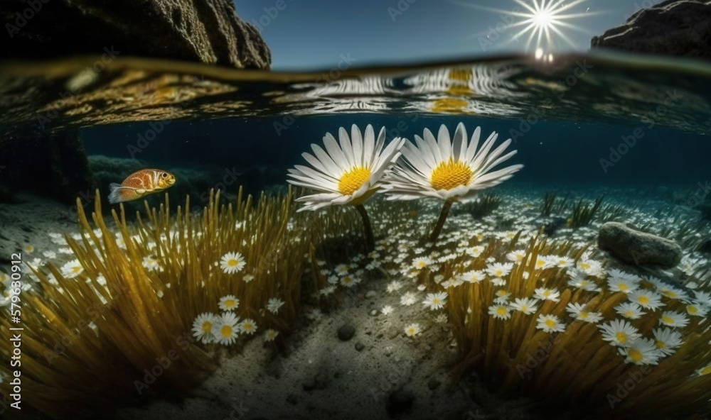  a underwater view of some flowers and grass in the ocean with a starburst in the sky above the wate