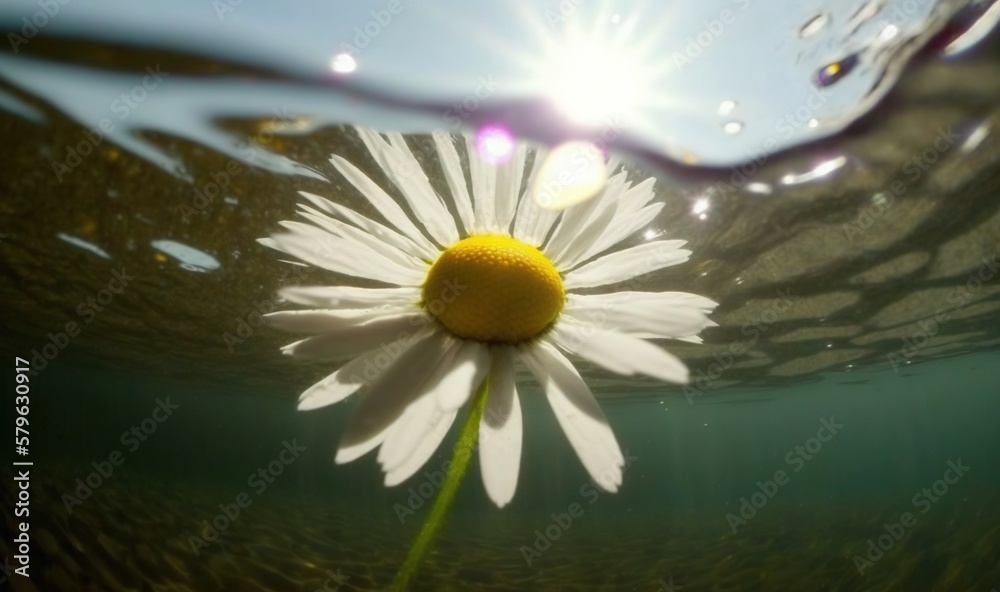  a white flower with a yellow center under the waters surface, with the sun shining through the wat