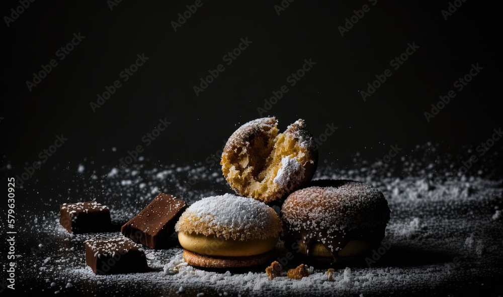  a pile of doughnuts sitting on top of a table covered in powdered sugar next to chocolate bars and 