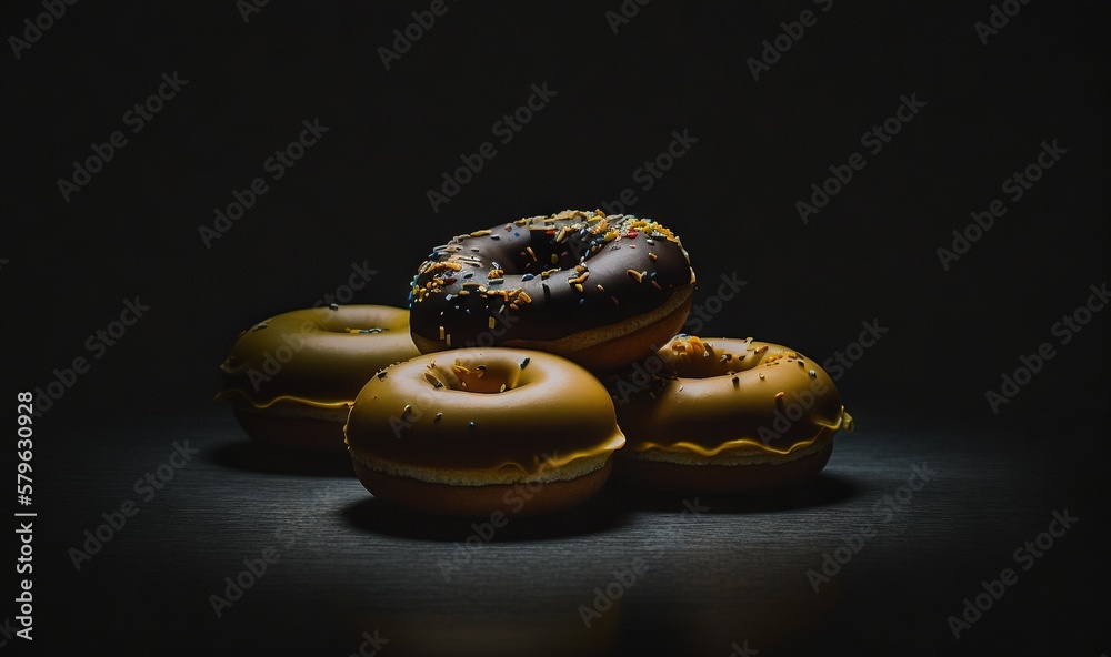  a group of doughnuts sitting on top of a wooden table in a dark room with a black background and a 