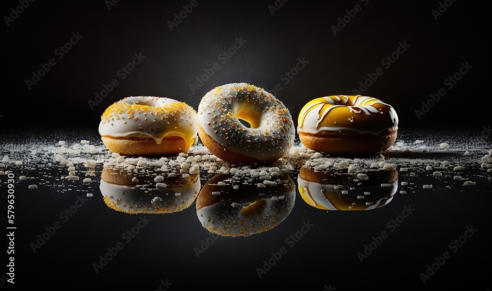  three donuts with frosting and sprinkles on a reflective surface with a reflection of the doughnuts