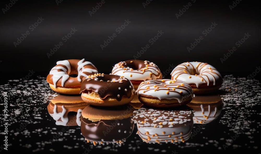  a group of doughnuts sitting on top of a table next to each other on a reflective surface with whit