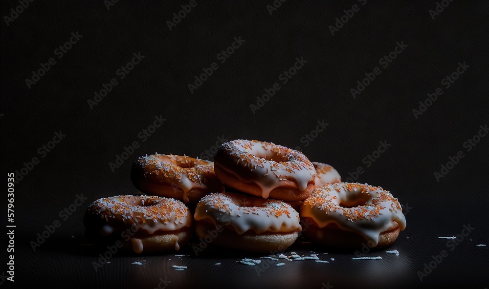  a pile of glazed donuts with sprinkles on a black surface with a black background and a few more do