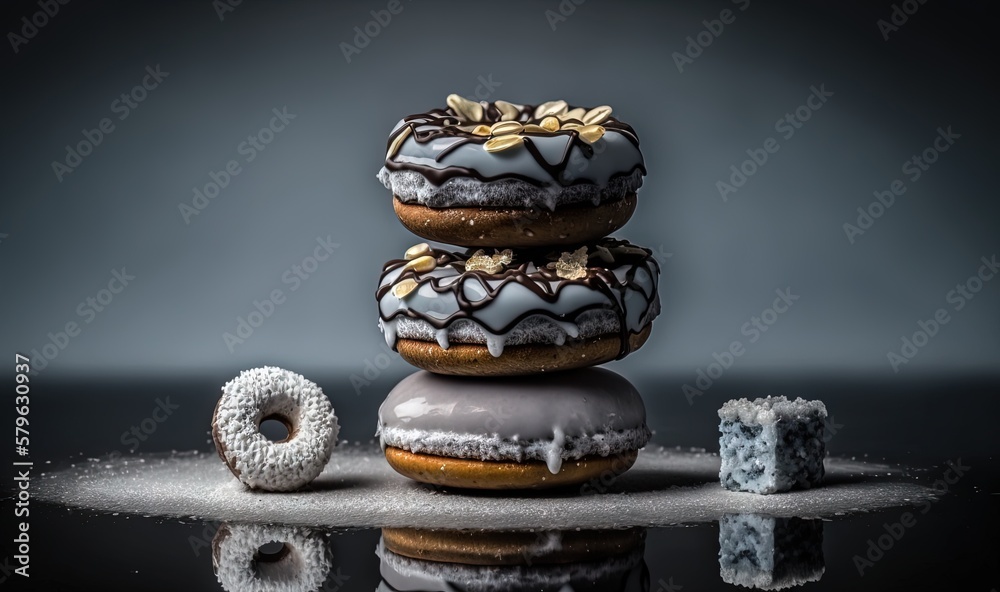  a stack of doughnuts sitting on top of each other on a reflective surface with a reflection of the 