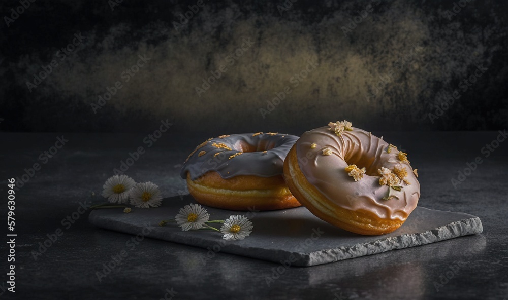  two glazed donuts sitting on top of a marble slab of counter top next to a flowered branch of geran