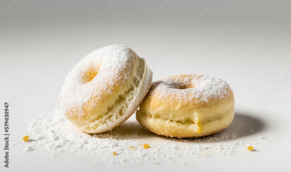  two donuts with powdered sugar on top of them on a white tablecloth with a shadow of the donut on t